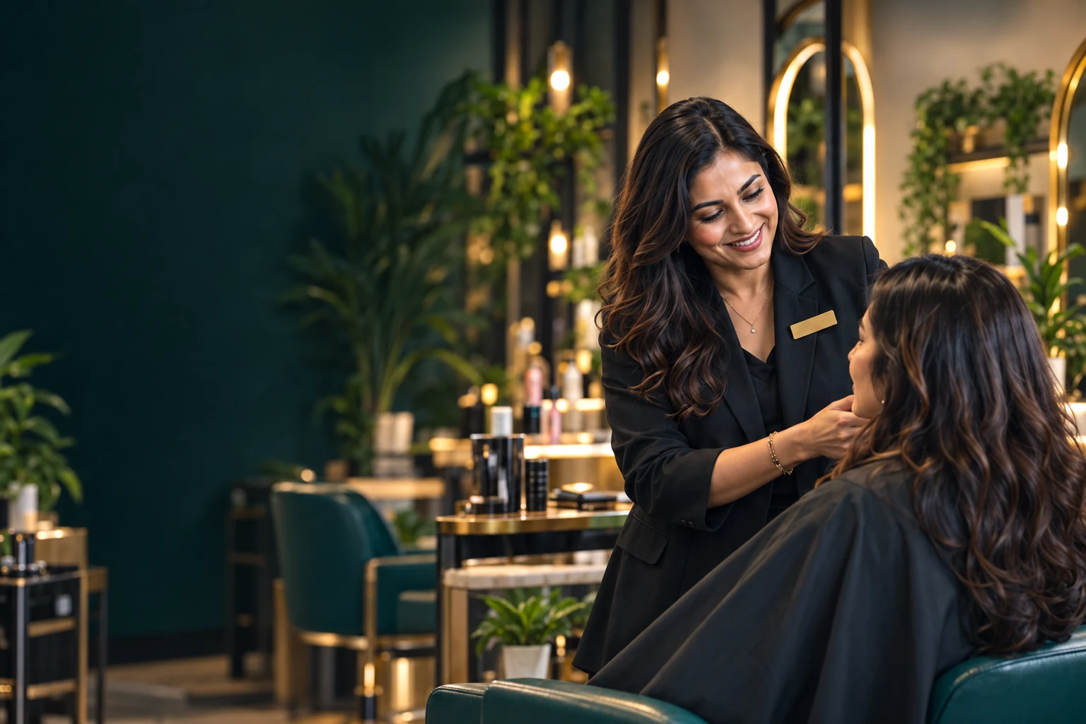 A salon professional in India consulting with her client