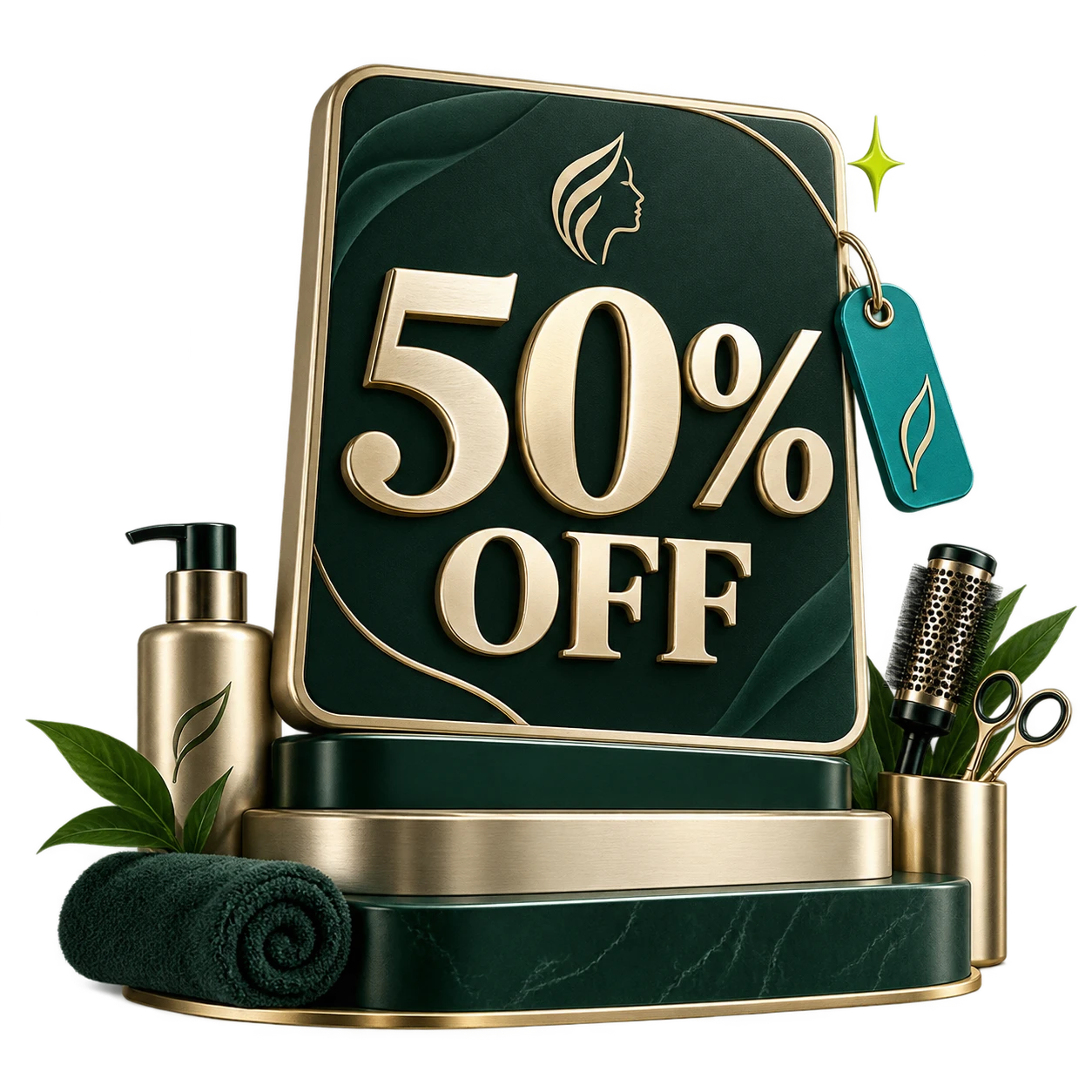 Premium salon offer card displaying 50% off