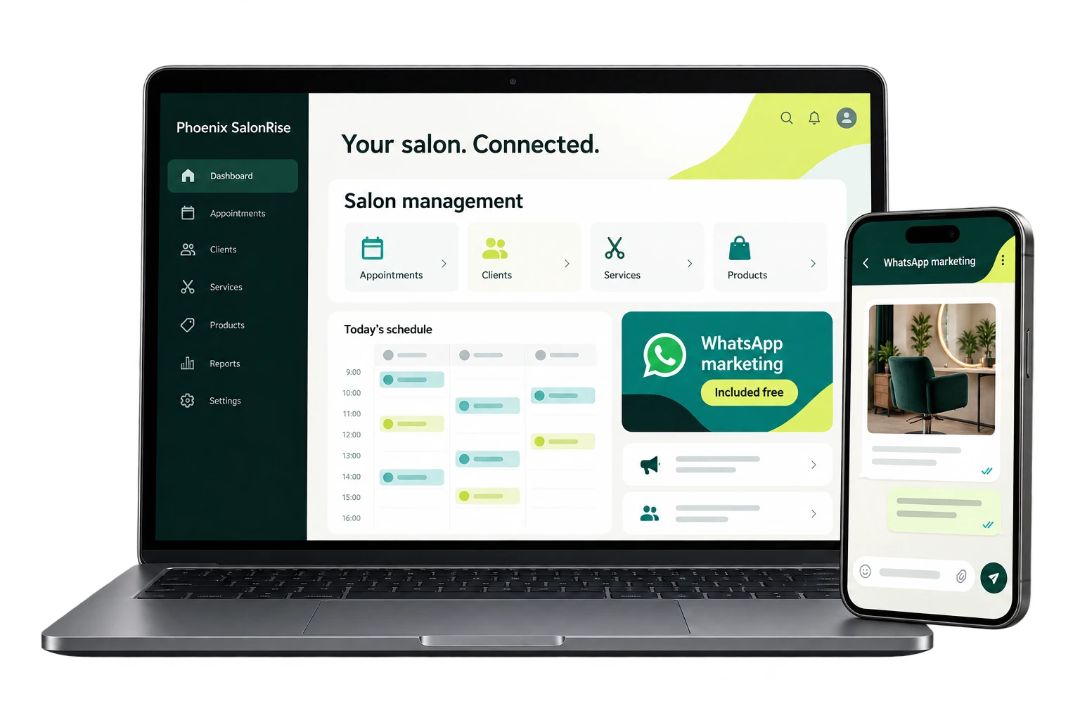 SalonRise software visual on a laptop and phone, with salon management and WhatsApp marketing